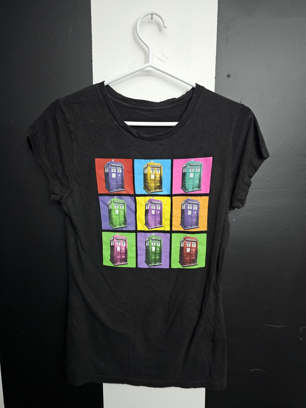 Women's Black Short Sleeve Tee with Colorful Pop-Art TARDIS Grid